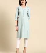 women's calf length scoop neck sea green solid straight kurta