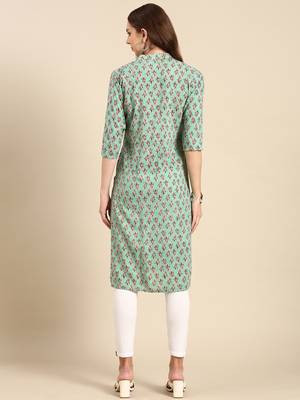 women's calf length mandarin collar sea green floral straight kurta 5