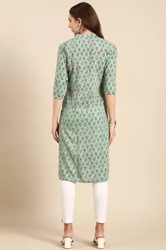 women's calf length mandarin collar sea green floral straight kurta