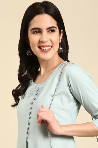 women's calf length scoop neck sea green solid straight kurta