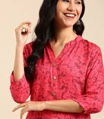 women's calf length mandarin collar pink abstract straight kurta