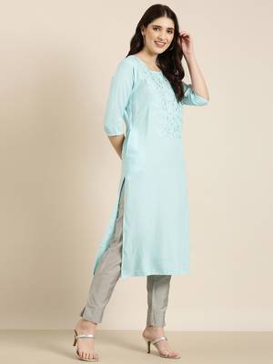 women's knee length round neck blue solid straight kurta 4