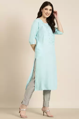 women's knee length round neck blue solid straight kurta