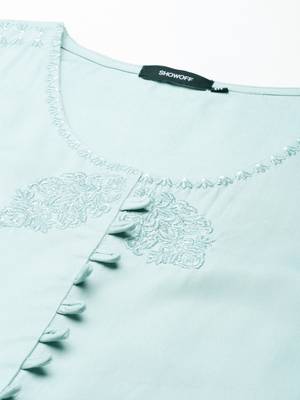 women's calf length scoop neck sea green solid straight kurta 3