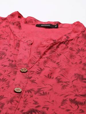 women's calf length mandarin collar pink abstract straight kurta 2