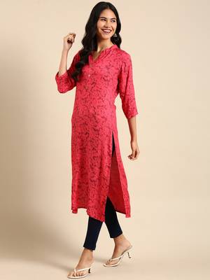 women's calf length mandarin collar pink abstract straight kurta 3