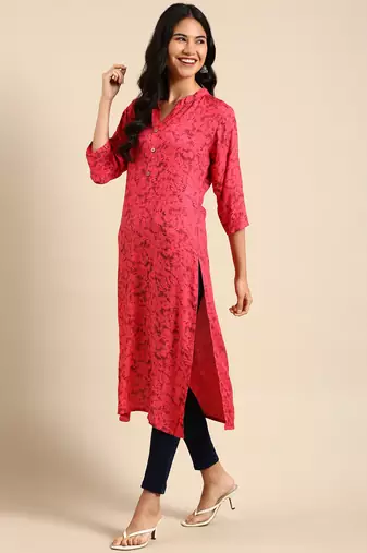 women's calf length mandarin collar pink abstract straight kurta