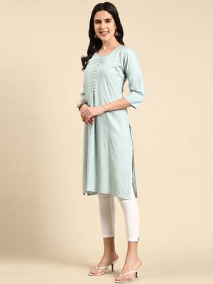 women's calf length scoop neck sea green solid straight kurta 5