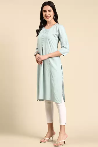women's calf length scoop neck sea green solid straight kurta