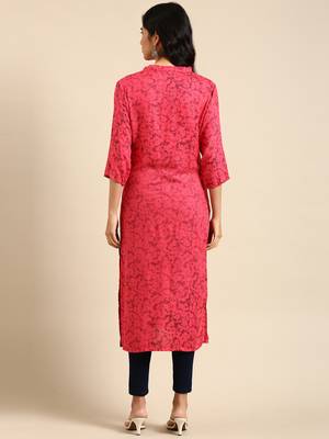 women's calf length mandarin collar pink abstract straight kurta 4