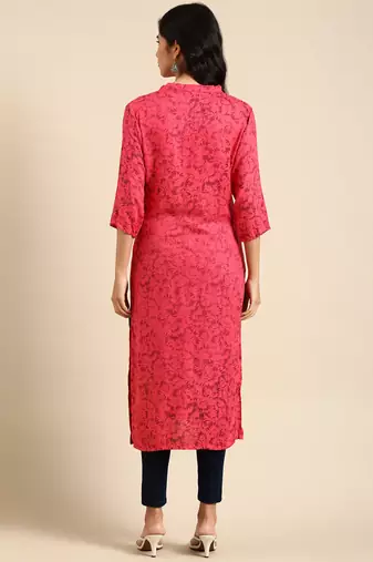 women's calf length mandarin collar pink abstract straight kurta