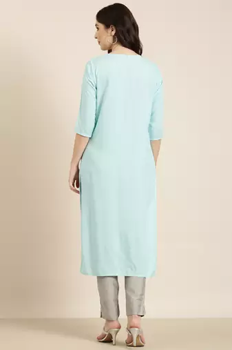 women's knee length round neck blue solid straight kurta