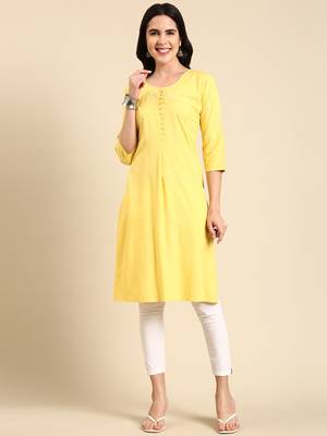 women's calf length scoop neck yellow solid straight kurta 1