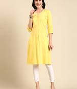 women's calf length scoop neck yellow solid straight kurta