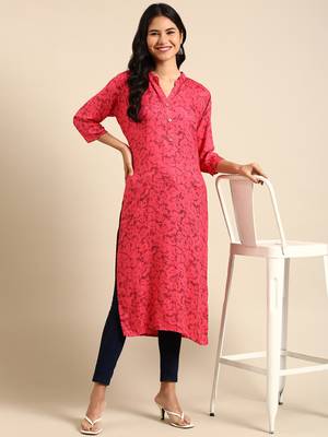 women's calf length mandarin collar pink abstract straight kurta 5