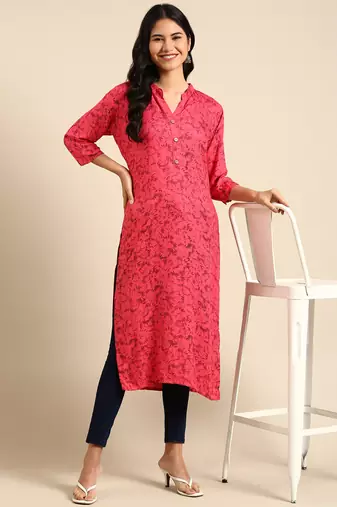 women's calf length mandarin collar pink abstract straight kurta