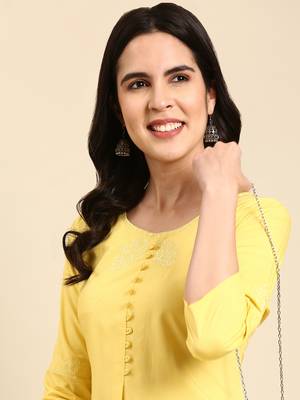 women's calf length scoop neck yellow solid straight kurta 2
