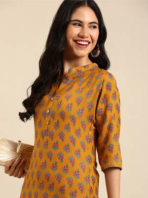 women's calf length mandarin collar mustard floral straight kurta 1