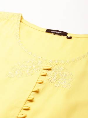 women's calf length scoop neck yellow solid straight kurta 3
