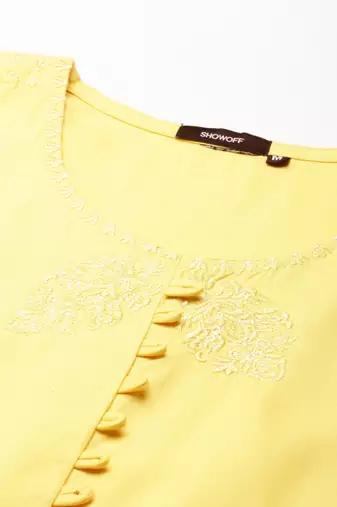 women's calf length scoop neck yellow solid straight kurta