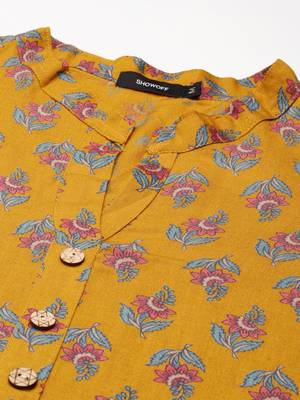 women's calf length mandarin collar mustard floral straight kurta 2