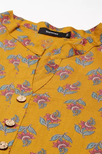 women's calf length mandarin collar mustard floral straight kurta
