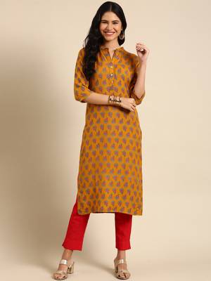 women's calf length mandarin collar mustard floral straight kurta 3