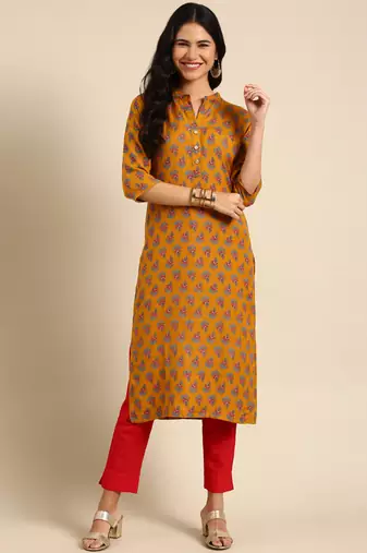 women's calf length mandarin collar mustard floral straight kurta