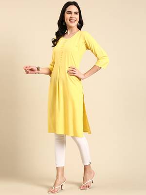 women's calf length scoop neck yellow solid straight kurta 5