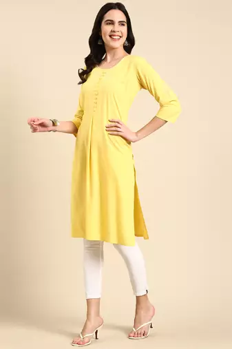 women's calf length scoop neck yellow solid straight kurta