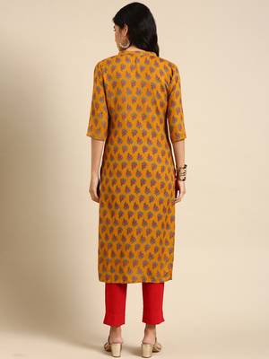 women's calf length mandarin collar mustard floral straight kurta 4