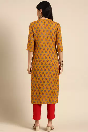 women's calf length mandarin collar mustard floral straight kurta
