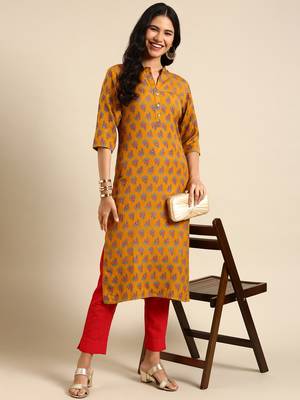 women's calf length mandarin collar mustard floral straight kurta 5
