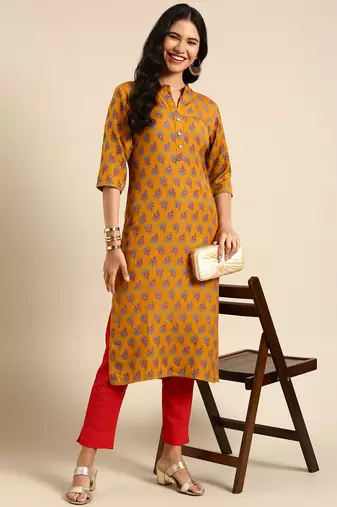 women's calf length mandarin collar mustard floral straight kurta