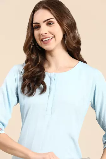women's knee length scoop neck blue woven design straight kurta