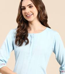 women's knee length scoop neck blue woven design straight kurta