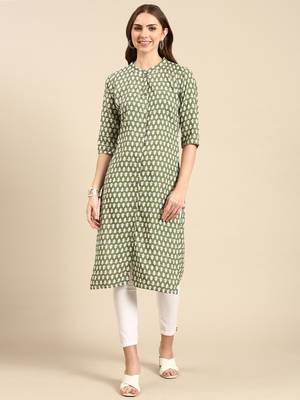 women's calf length mandarin collar green ethnic motifs straight kurta 1