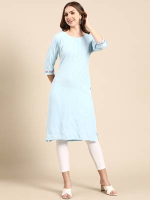 women's knee length scoop neck blue woven design straight kurta 1