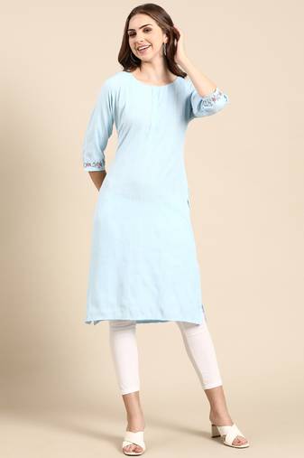 women's knee length scoop neck blue woven design straight kurta