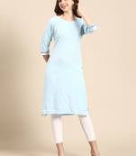 women's knee length scoop neck blue woven design straight kurta