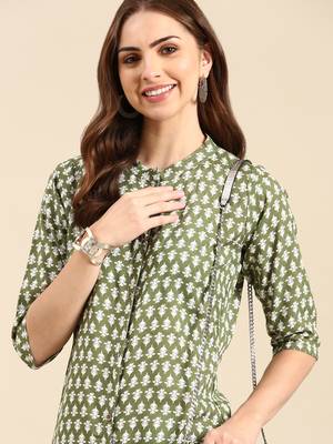women's calf length mandarin collar green ethnic motifs straight kurta 2