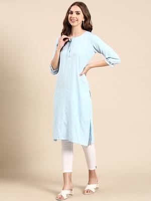 women's knee length scoop neck blue woven design straight kurta 4