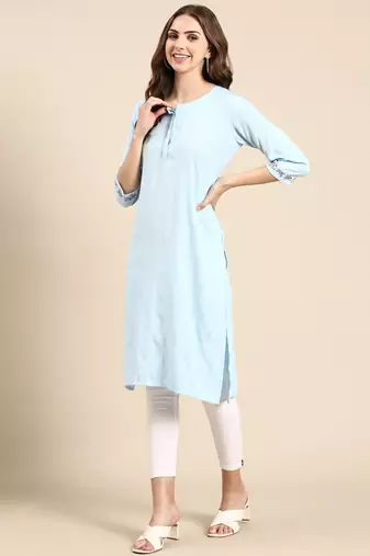women's knee length scoop neck blue woven design straight kurta