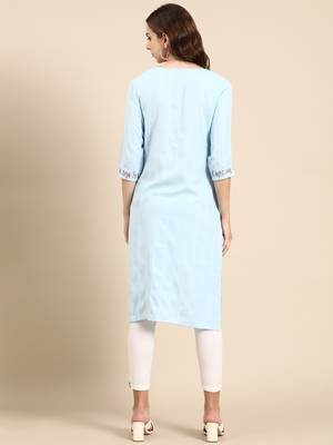 women's knee length scoop neck blue woven design straight kurta 5