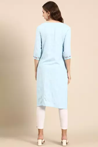 women's knee length scoop neck blue woven design straight kurta