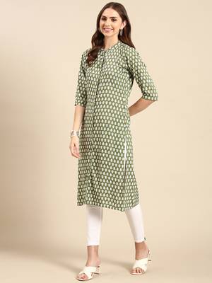 women's calf length mandarin collar green ethnic motifs straight kurta 4