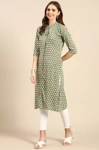 women's calf length mandarin collar green ethnic motifs straight kurta