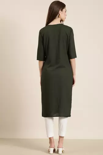 Showoff women's knee length round neck green solid straight kurta