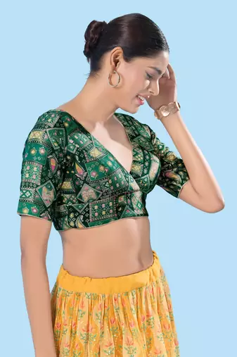 Padded Brocade V Neck Blouse