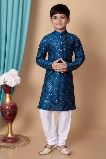 Nfc creation embroidery & sequins work dupion silk kurta and cotton pajama set for boys